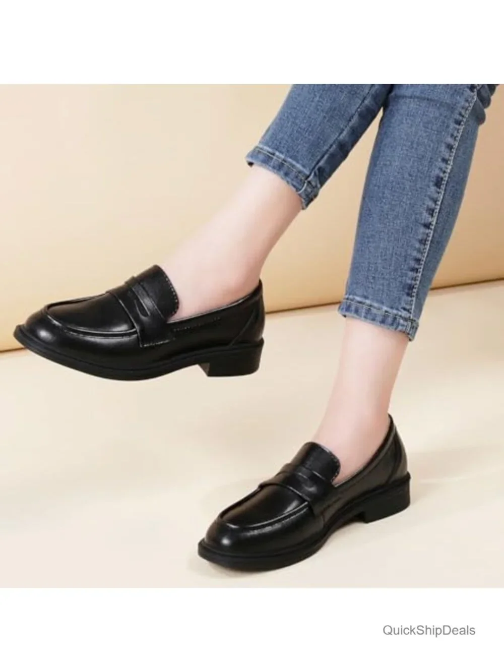 Women's Leather Penny Loafers Comfort Slip-On Business Casual Round Toe